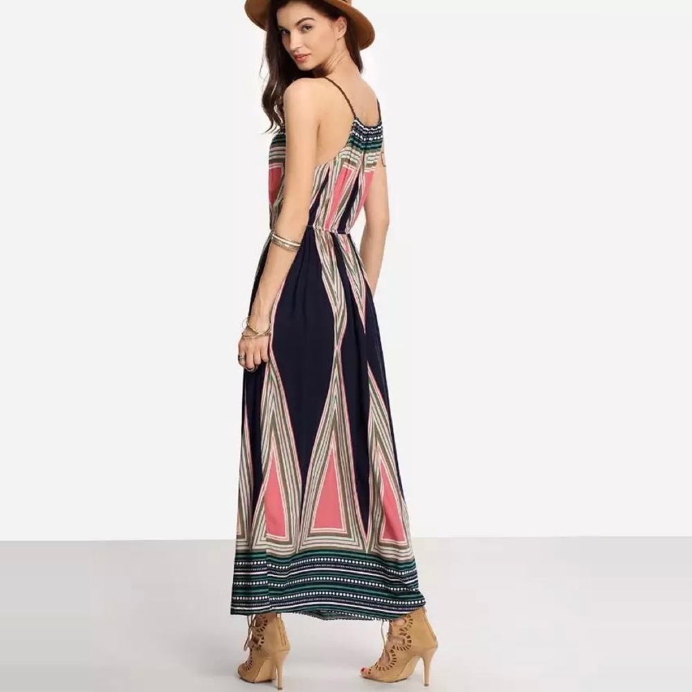 Bold Geometric Print High Neck Tie Front Keyhole Maxi Dress - Picture 3 of 5